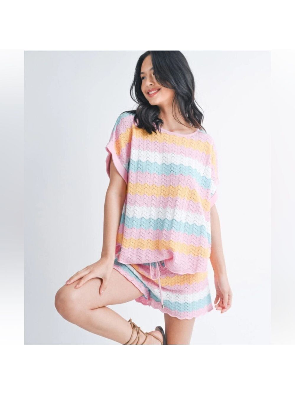 Kelsis  Pastel Striped Knit Shorts Set — Pink, Yellow, Mint & White